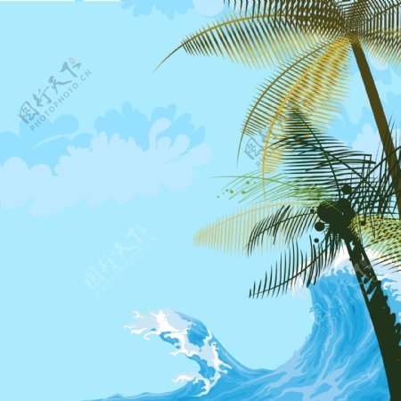 卡通椰树大海波浪背景