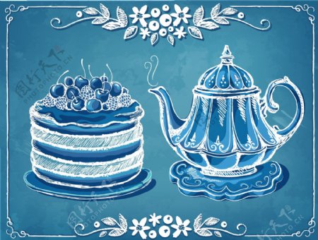 手绘咖啡和蛋糕插画