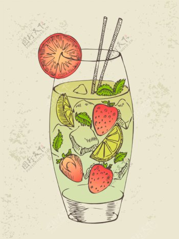 手绘美味的水果饮料插画