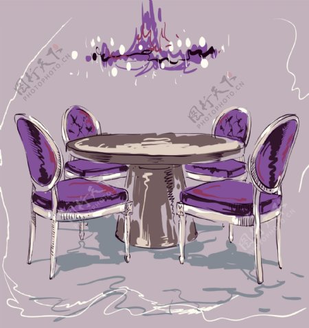 手绘紫色家具餐桌插画