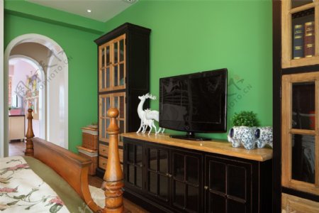 美式客厅绿色电视背景装修效果图