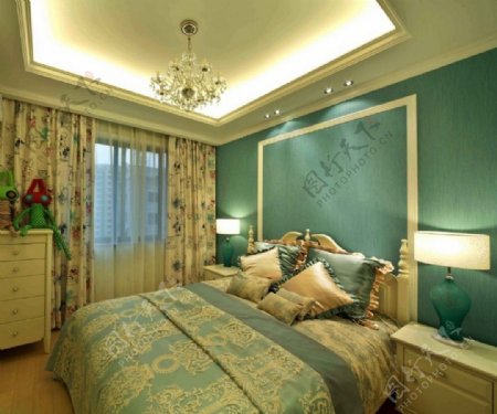 现代清新卧室蓝绿色背景墙室内装修效果图