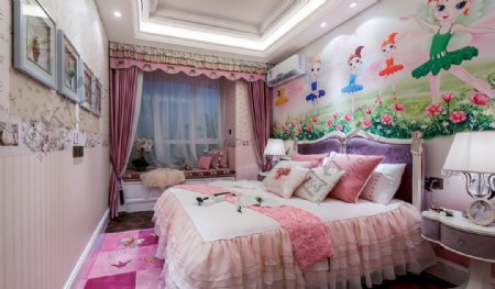 童真粉嫩卧室儿童画像墙绘室内装修效果图