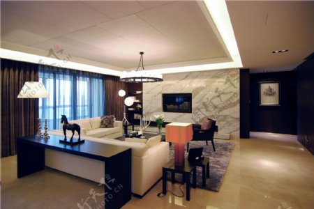 现代时尚简约客厅褐色地板室内装修效果图