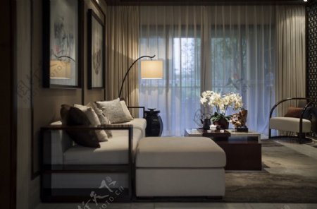 现代时尚简约客厅白色布艺沙发室内效果图