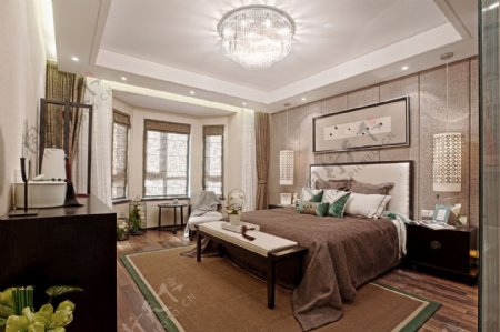中式典雅卧室墨绿色边框地毯室内装修效果图