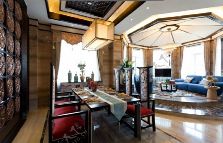 中式时尚室内客厅吊灯效果图