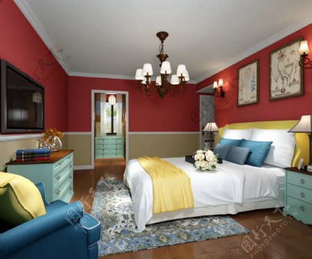 美式清新卧室砖红色背景墙室内装修效果图