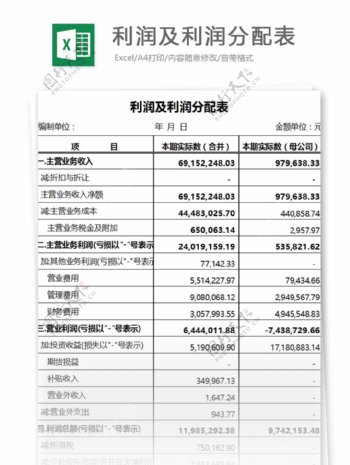 利润及利润分配表excel表格模板