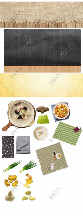 俯视图食物桌布姜块大蒜蔬菜桌布营养汤菜肴