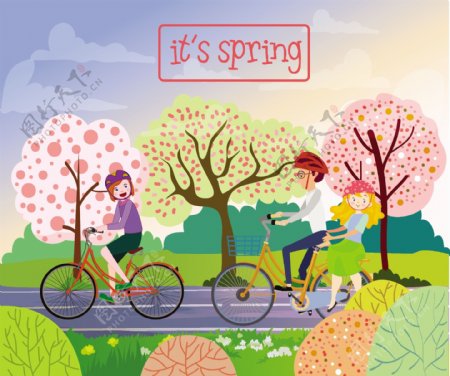 春天骑自行车矢量素材