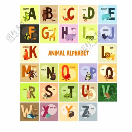 方形卡通动物字母字体图片