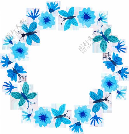 蓝色蝴蝶与花卉卡通透明素材