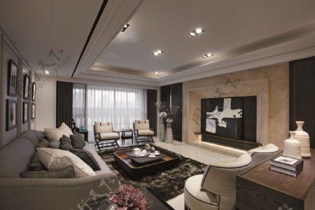 现代时尚客厅灰色棉麻沙发室内装修效果图