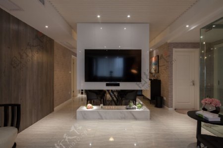 现代时尚客厅白色亮面地板室内装修效果图