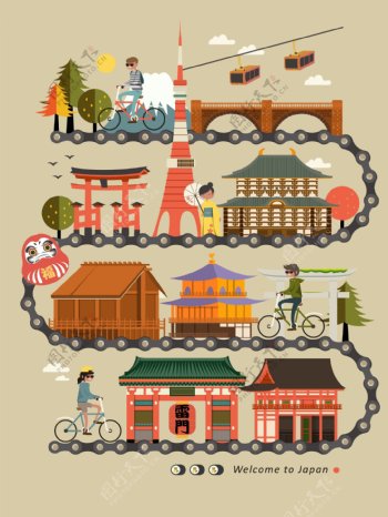 创意卡通日本旅行建筑插画