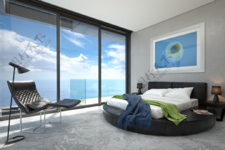 简约高端户型海景房卧室圆床设计效果图