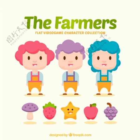 3款卡通农场游戏人物和4款水果矢量图