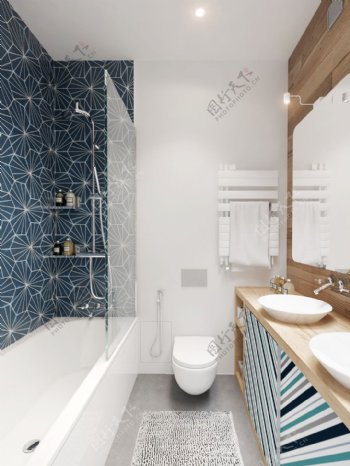 现代时尚卫生间蓝色花纹背景墙室内装修图