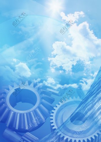 蓝天白云齿轮机械背景图