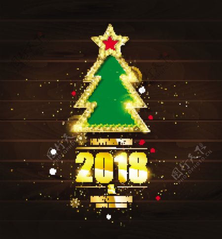 2018年新年有圣诞金木制背景矢量海报