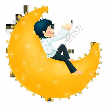 卡通男孩躺在黄色弯月亮美图png