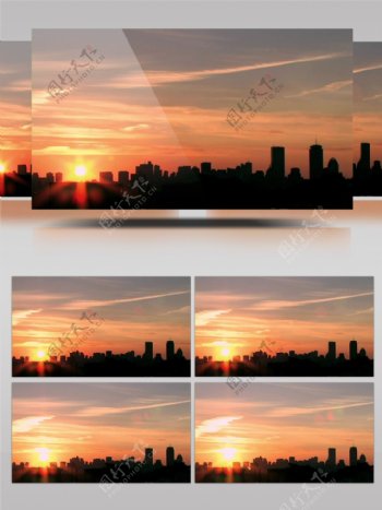 唯美城市清晨日出上升渲染天空景色画面