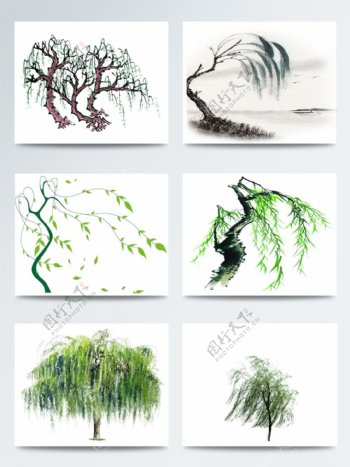 一组手绘柳树图案集合