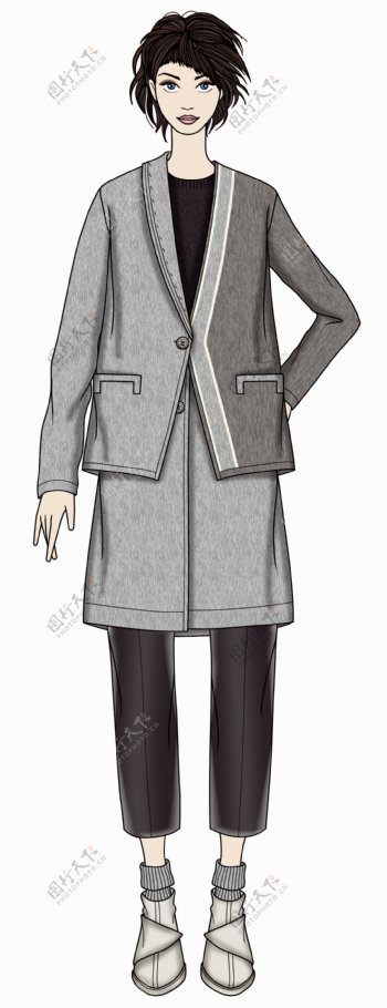 日系个性风长款大衣女装服装效果图