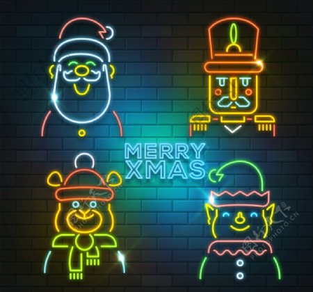 4款彩色圣诞角色霓虹灯矢量素材