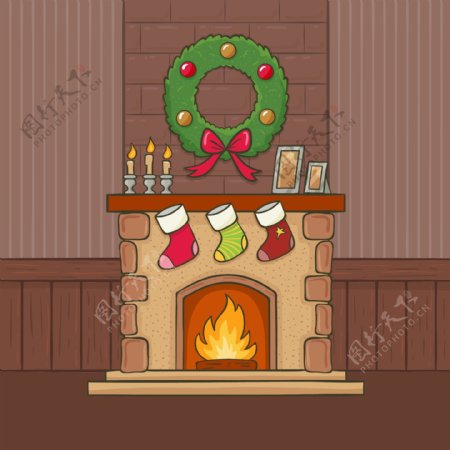 手绘圣诞卡通壁炉元素