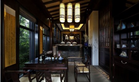 中国风餐厅长方形餐桌装修效果图