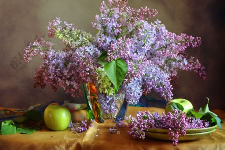 静物画紫丁香苹果花瓣花卉