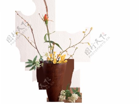 彩绘清新棕色花瓶花朵png元素