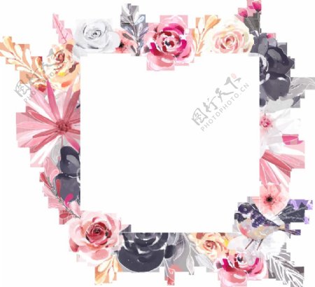手绘正方形花卉画框PNG透明素材