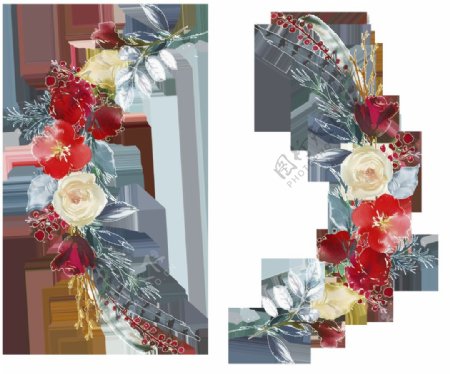 手绘红色花卉底纹PNG透明素材