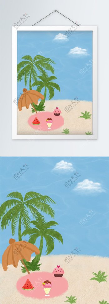 夏日沙滩海边手绘清凉装饰画