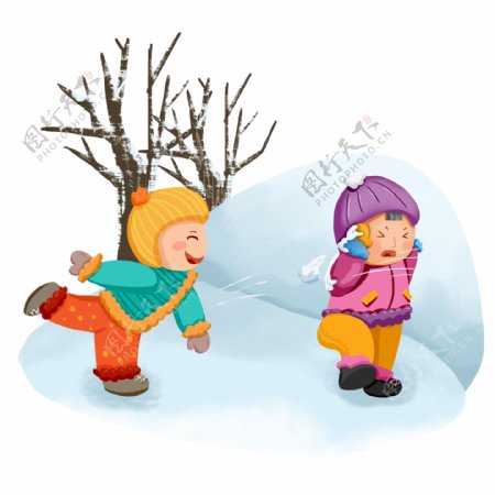 卡通可爱女孩冬季雪天打雪仗玩耍元素