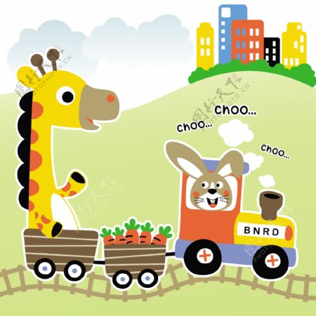 长颈鹿与小兔子坐火车动漫图