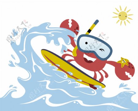 可爱爽快海上冲浪螃蟹儿童插画