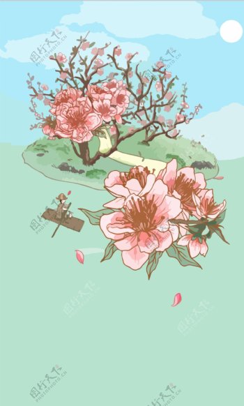 插画手绘桃花素材植物背景素材