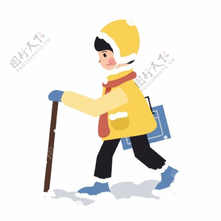 卡通手绘男孩在雪地里走路原创元素