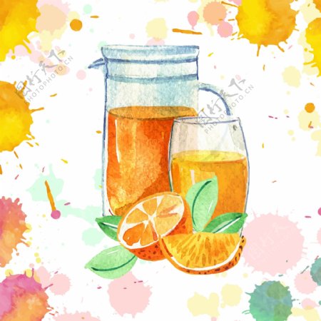 水彩绘夏天的桔子汁插画