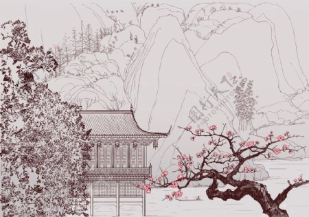 工笔画建筑场景插画