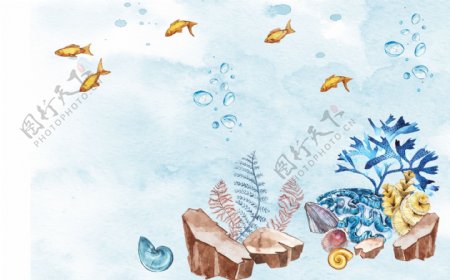 海洋海底元素卡通水彩儿童房背景墙