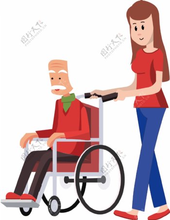 手绘卡通推着坐轮椅的白发老爷爷的长发美女