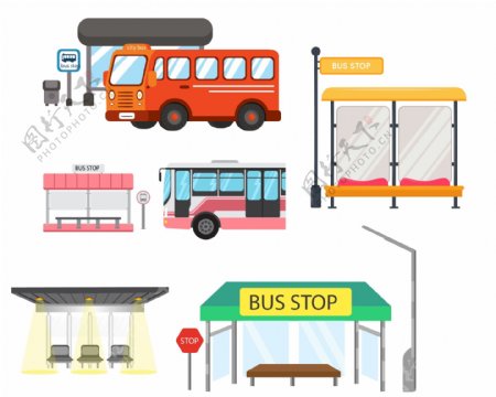 卡通的公交车和站台素材