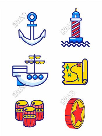 航海装饰图标蓝色灯塔水钱币矢量可商用元素