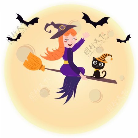 手绘卡通月亮前驾驶扫把飞行的女巫和黑猫可商用元素