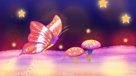 飞舞的蝴蝶彩色蘑菇星星卡通背景